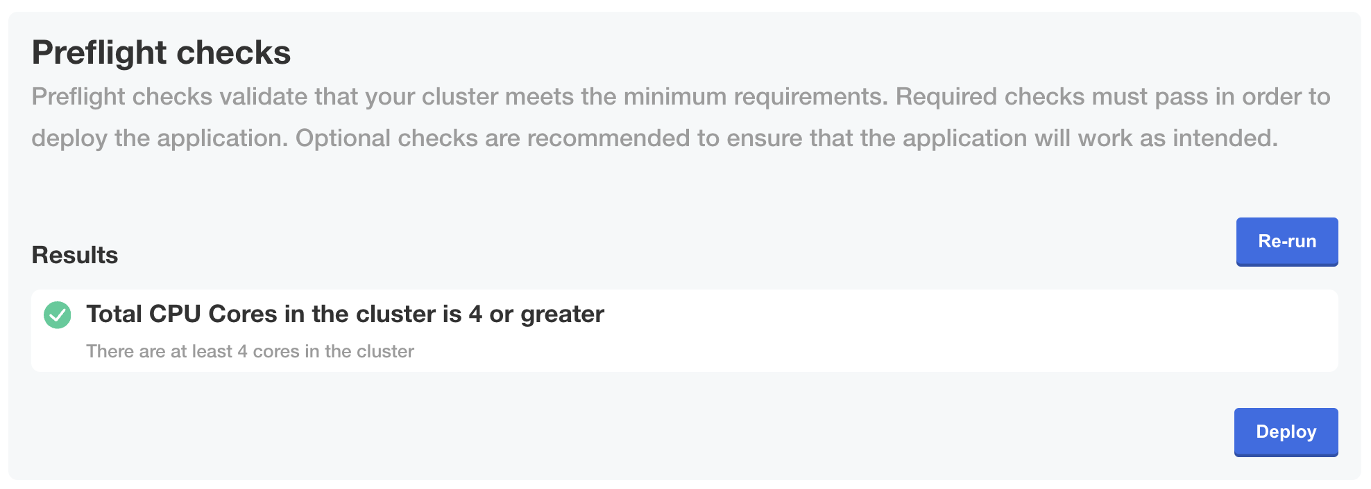 Preflight checks in Admin Console showing pass message
